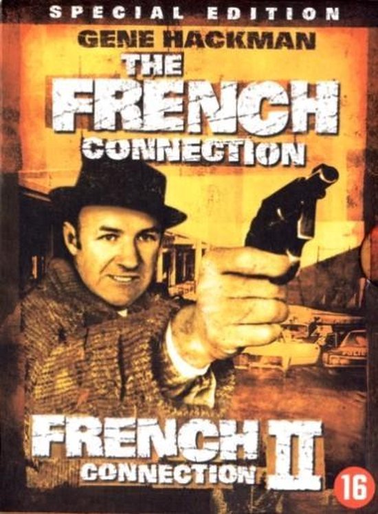 DVD-hoes voor The French Connection met Gene Hackman die een pistool vasthoudt.