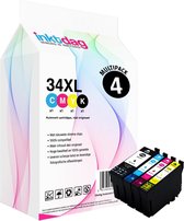 Inktdag inktcartridges voor Epson 34/ Epson 34XL, multipack van 4 kleuren (1*BK, C, M en Y) voor Epson WorkForce Pro WF-3720, 3720 -DWF, WF-3725-DWF