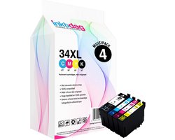 Inktdag inktcartridges voor Epson 34/ Epson 34XL, multipack van 4 kleuren (1*BK, C, M en Y) voor Epson WorkForce Pro WF-3720, 3720 -DWF, WF-3725-DWF