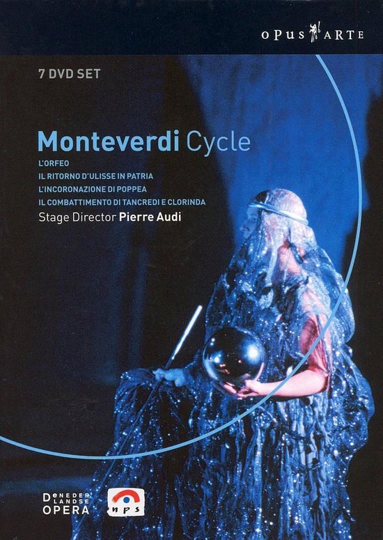7 DVD set van Monteverdi Cycle met L'Orfeo. Een figuur in een zilveren, sprankelende jurk met sluier op, houdt een bol vast. Opus Arte.
