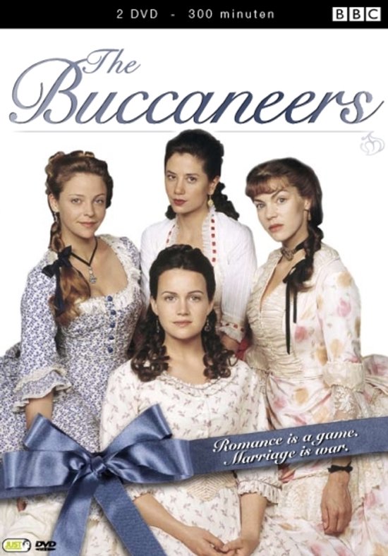Vier vrouwen in 18e-eeuwse kleding met bloemenpatronen. Bovenin: "The Buccaneers", "2 DVD - 300 minuten", "BBC".