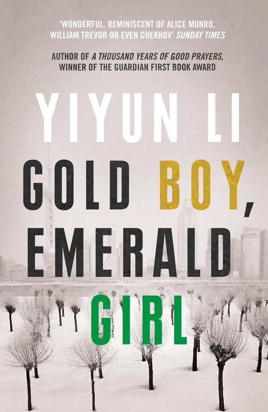 Boekomslag van "Gold Boy, Emerald Girl" door Yiyun Li, met een winterse achtergrond en de titel in grote letters.