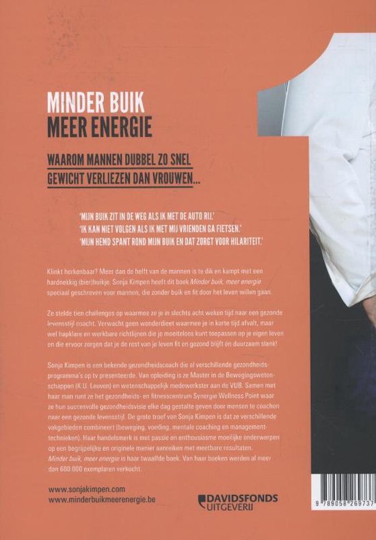 Boekomslag met titel 'MINDER BUik MEER ENERGIE' en tekst over gewichtsverlies. Rechts een deel van een witte achtergrond.