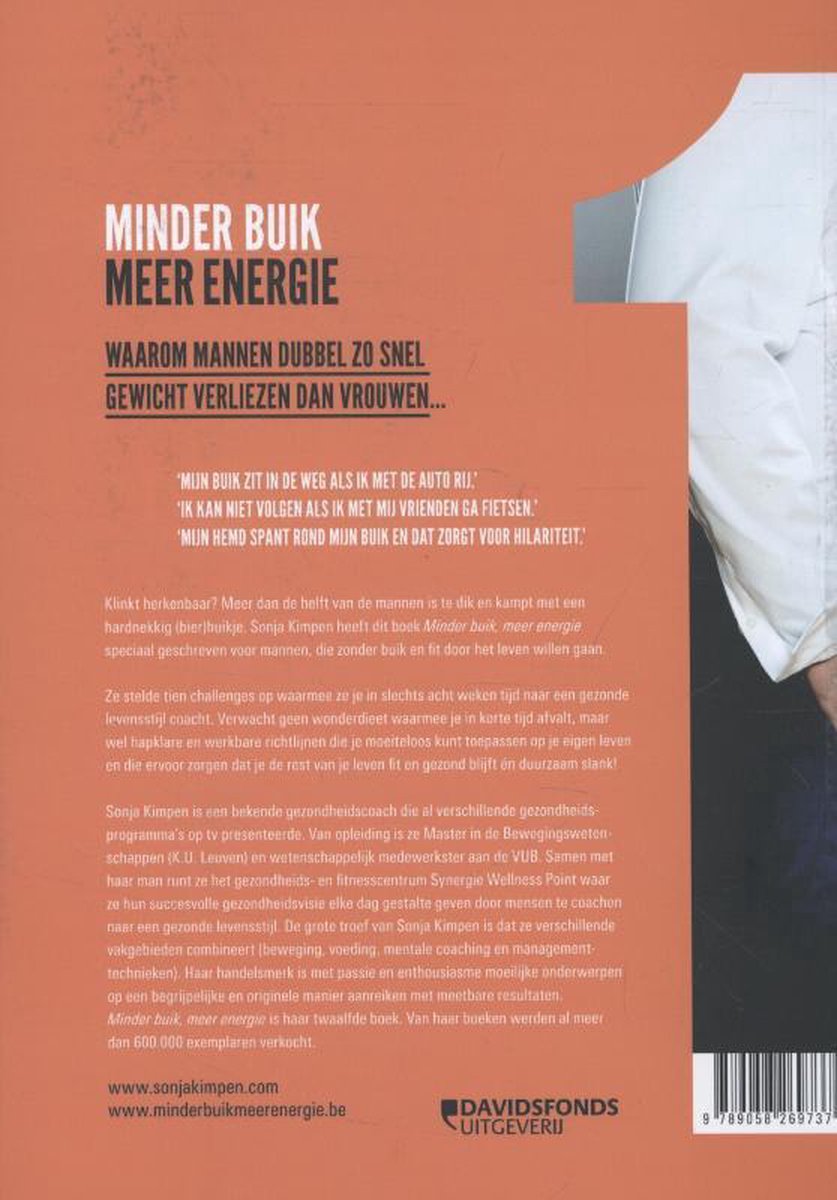Boekomslag met titel 'MINDER BUik MEER ENERGIE' en tekst over gewichtsverlies. Rechts een deel van een witte achtergrond.