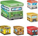 Zes opbergkisten in de vorm van voertuigen: Happy Bus, ambulance, schoolbus, tijgerbus, safaribus en brandweerbus.
