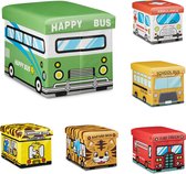Relaxdays poef met opbergruimte voor kinderen - speelgoedkist - kinderhocker - met print - Safari Bus