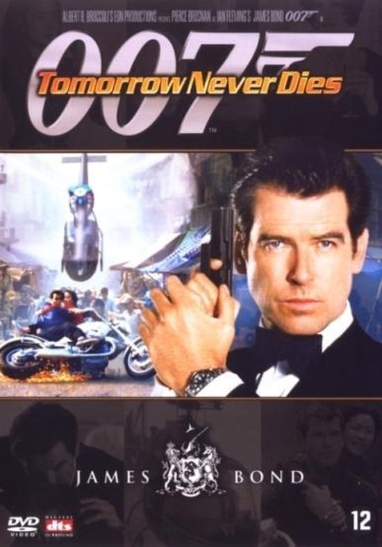Poster van James Bond 007: Tomorrow Never Dies met Pierce Brosnan in smoking, met actiescènes.