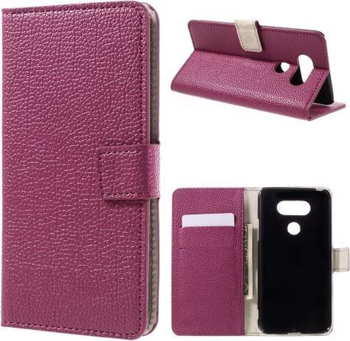 Grain lederlook roze wallet case hoesje Geschikt voor: LG G5 zwart
