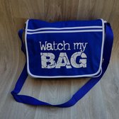 Stoere blauwe retro schoudertas met "Watch my bag"