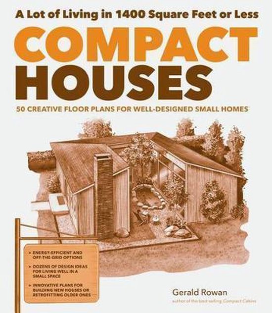 Boekomslag 'Compact Houses' met illustratie van een huis en tekst over kleine woningen.