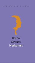Paarse kaft met een gele, overlappende profielafbeelding van twee gezichten. Titel: 'Herkomst' van Botho Strauss.