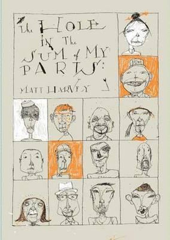 Boekcover met de titel "the HOLE IN THE SUM OF MY PARTS: MATT HARVEY" en 16 getekende portretten.