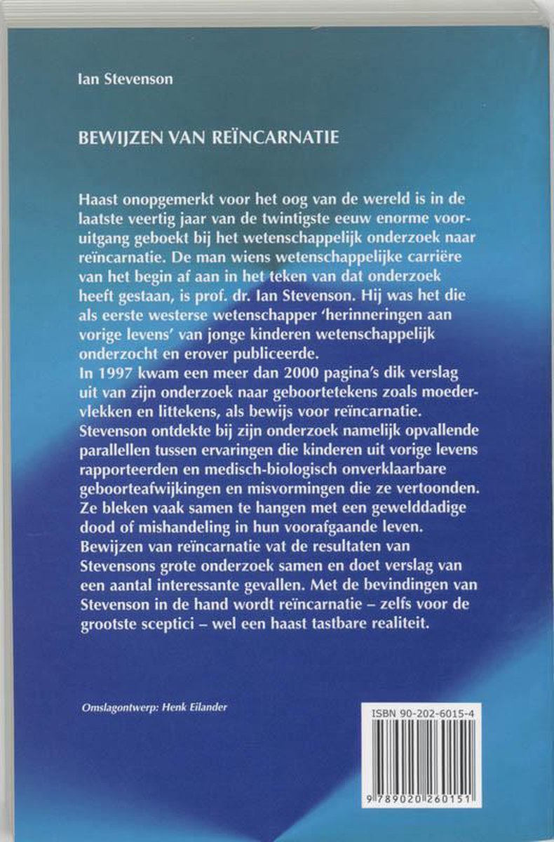 Achterflap van het boek 'Bewijzen van reïncarnatie' door Ian Stevenson. Met ISBN.