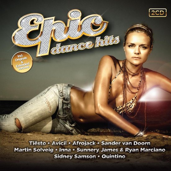 Vrouw in bikini en jeans liggend op het strand, met de tekst 'Epic dance hits 2CD Incl. Originals & Extended Versions'.