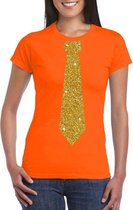 Oranje fun t-shirt met stropdas in glitter goud dames 2XL