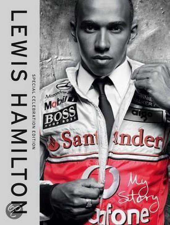 Lewis Hamilton, "My Story Special Celebration Edition", draagt een racejack met logo's zoals Santander, Hugo Boss en Vodafone.