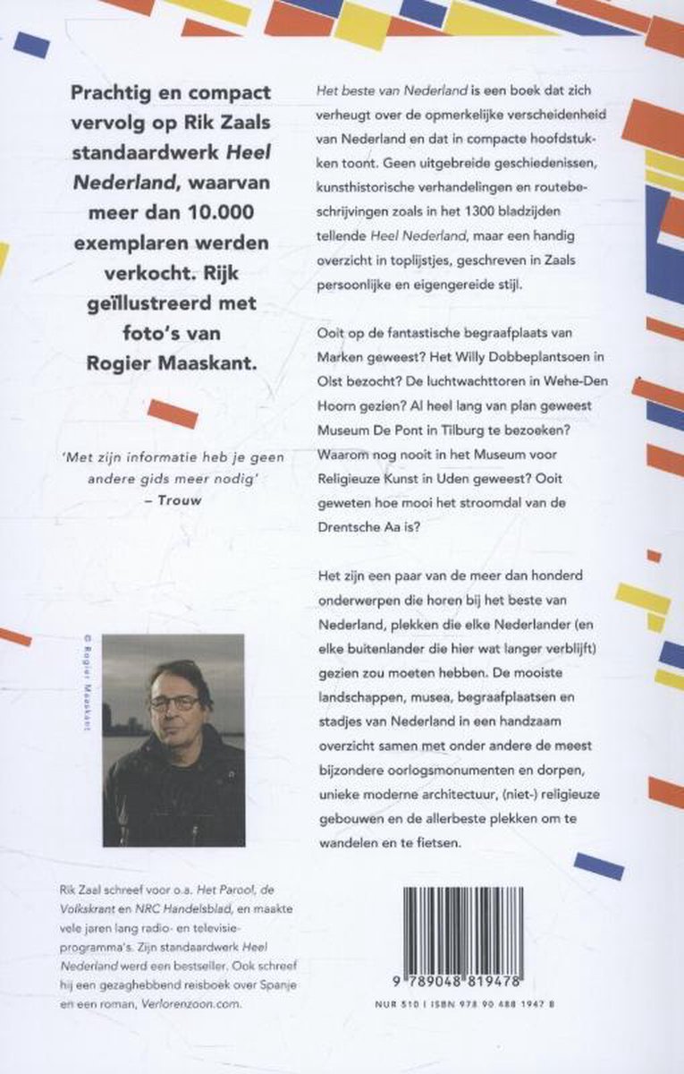 Achterpagina van 'Het beste van Nederland' met foto van de auteur, tekst en streepjesmotief.