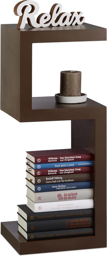 bol.com | relaxdays boekenrek retro design - kastje met 3 planken -  vrijstaand - S-vorm - smal bruin
