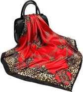 Dames sjaal rood met luipaard print zijdezacht satijn - 90 x 90 cm