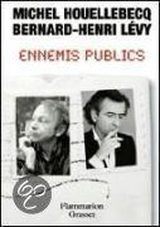 Livre 'Ennemis Publics' avec des portraits de Michel Houellebecq et Bernard-Henri Lévy.