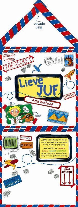 Een gevouwen envelop met rode en blauwe strepen aan de rand. In het midden staat 'Lieve JUF' en 'Amy Husband' op een geel label. Er staan tekeningen van een raket, postzegels en een jongen.