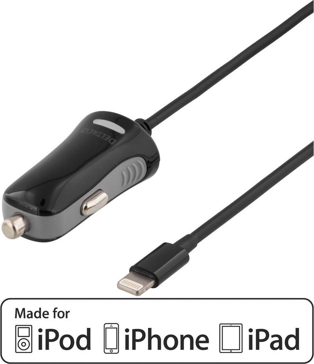 DELTACO USB-CAR76 Autolader met lightning connector 2,4A - MFi - 1m kabel - Zwart