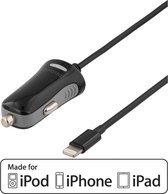 Deltaco USB-CAR76, Autolader met lightning connector, 2,4a, MFi , 1m kabel, zwart