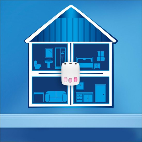 Witte luchtverfrisser met 3 roze inserts in een huis met 4 kamers.