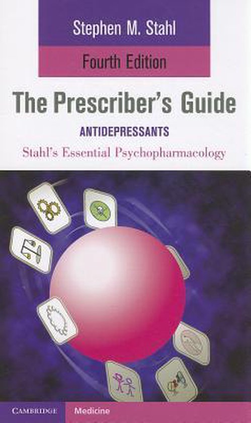 Boek kaft van 'The Prescriber's Guide: Antidepressants', vierde editie. Een roze bol centraal, omringd door acht kaarten met medische symbolen.