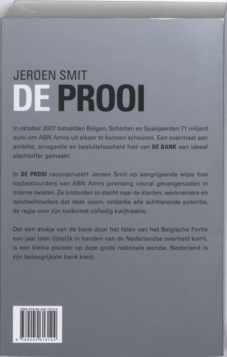 Achterkant van het boek 'De Prooi' door Jeroen Smit. Grijs met tekst, titel en auteur. ISBN en barcode onderaan.