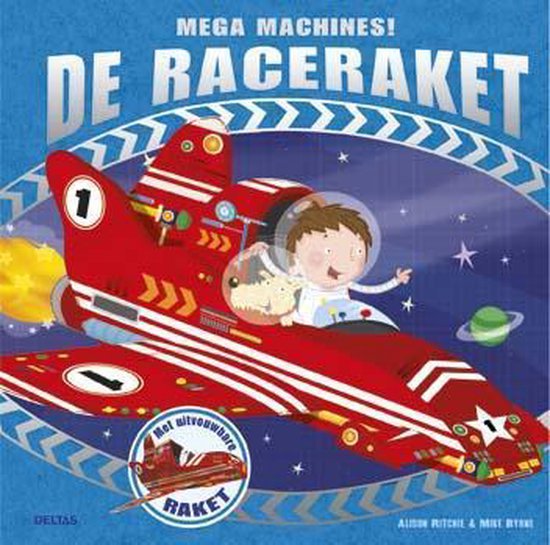 Een rode raket met een jongen en een hond, met de tekst 'MEGA MACHINES! DE RACERAKET'.