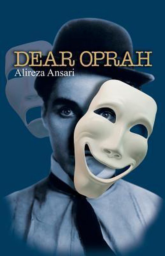 Boekomslag 'Dear Oprah' met een man in een bolhoed en een wit theatermasker tegen een blauwe achtergrond.