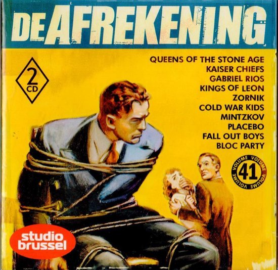 Pochette de CD intitulée 'De Afrekening' avec une illustration d'un homme attaché, d'une femme et d'un autre homme.