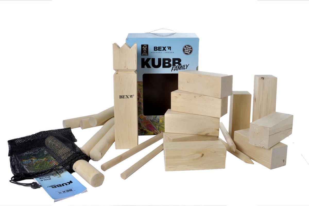 Bex Kubb Family – Zweeds Vikingschaak – Duurzaam Buitenspel – FSC Berkenhout – Koning Met Houtkleurige Kroon – Vanaf 8 Jaar – Inclusief Opbergnet Met Trekkoord — afbeelding 17