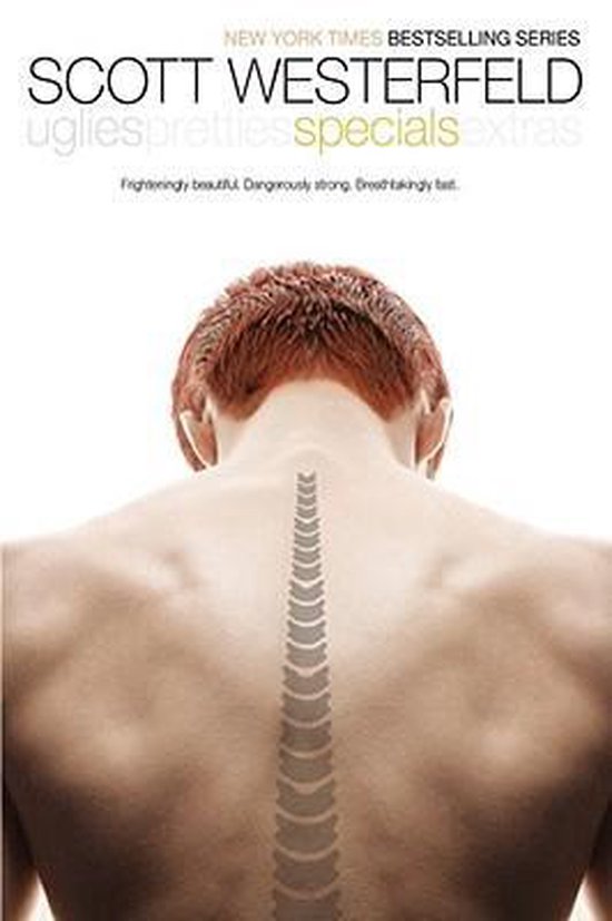 Boekomslag van "Specials" door Scott Westerfeld. Rug van een persoon met een getatoeëerde wervelkolom.