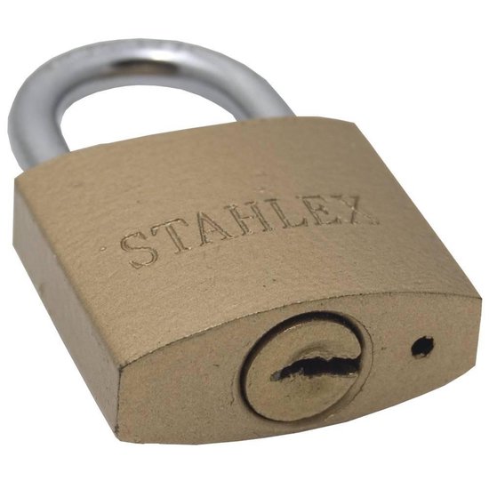 Cadenas Stahlex en laiton avec trou de serrure et une clé sur un anneau.