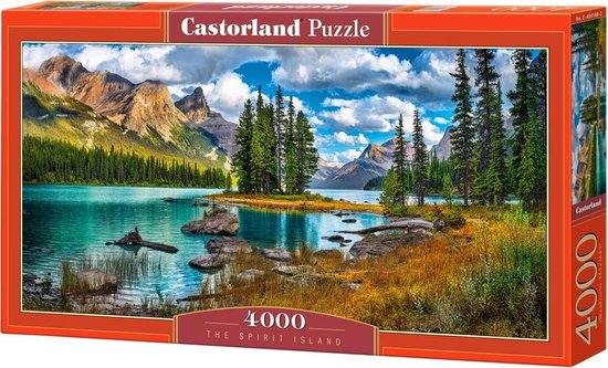 Doos van Castorland puzzel "The Spirit Island" met 4000 stukjes, afbeelding van turquoise meer, bergen en bomen.