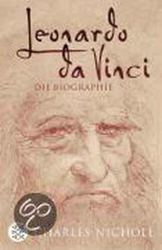 Boek "Leonardo da Vinci, Die Biografie" met een schets van Leonardo's gezicht en de tekst "Charles Nicholl".