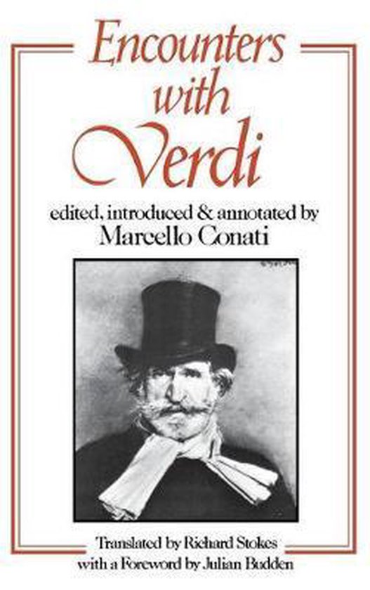 Boek "Encounters with Verdi", met een portret van Verdi met hoed en sjaal.