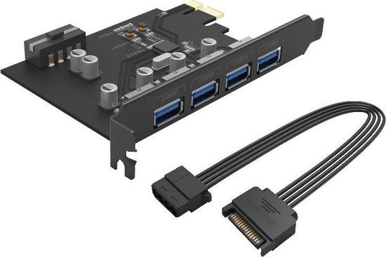 Orico - PCI Express uitbreidingskaart – 4x USB 3.0 type-A poorten – 5Gbps – Werkt met alle Windows versies, Linux en Mac OS 10.8.3 – Incl. Schroeven – Zwart - ORICO