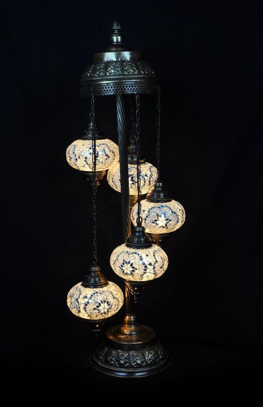 bol.com | Staande lamp - vloerlamp - wit - 5 bollen - glas - mozaïek -  Turkse lamp - oosterse lamp