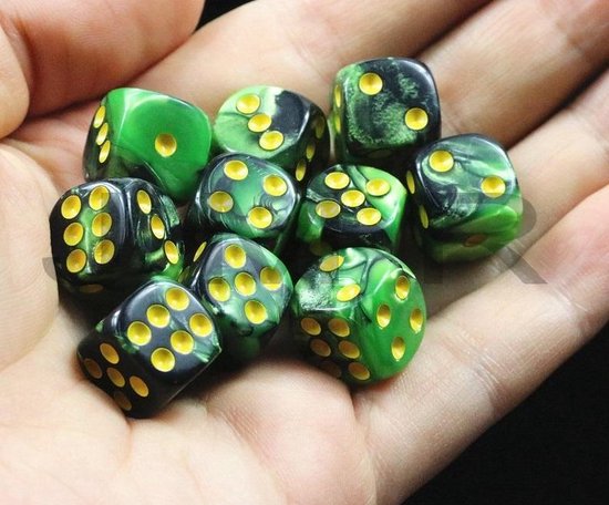 Thumbnail van een extra afbeelding van het spel 10x Mini dobbelsteen groen/zwart | Dobbelspel