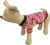 Camouflage shirt licht roze met groen randje voor de hond. - XS ( rug lengte 19 cm, borst omvang 26 cm, nek omvang 18 cm )