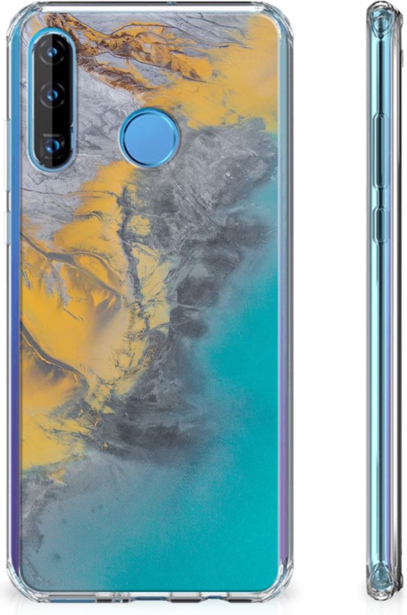 Huawei P30 Lite Anti-Shock Hoesje Marble Blue Gold
