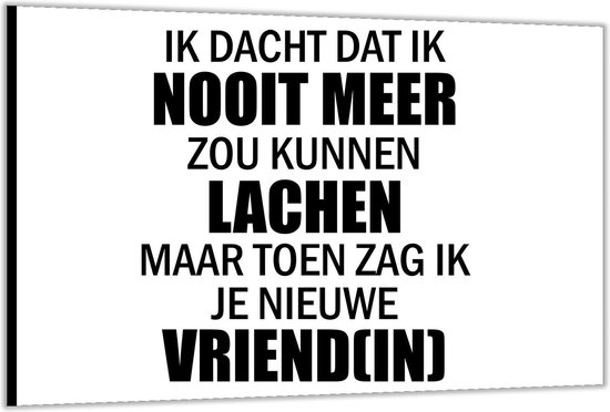 Dibond – Tekst: 'Ik dacht dat ik nooit meer zou kunnen lachen maar toen zag ik je nieuwe vriend(in)'– 120x80cm Foto op Aluminium (Wanddecoratie van metaal)