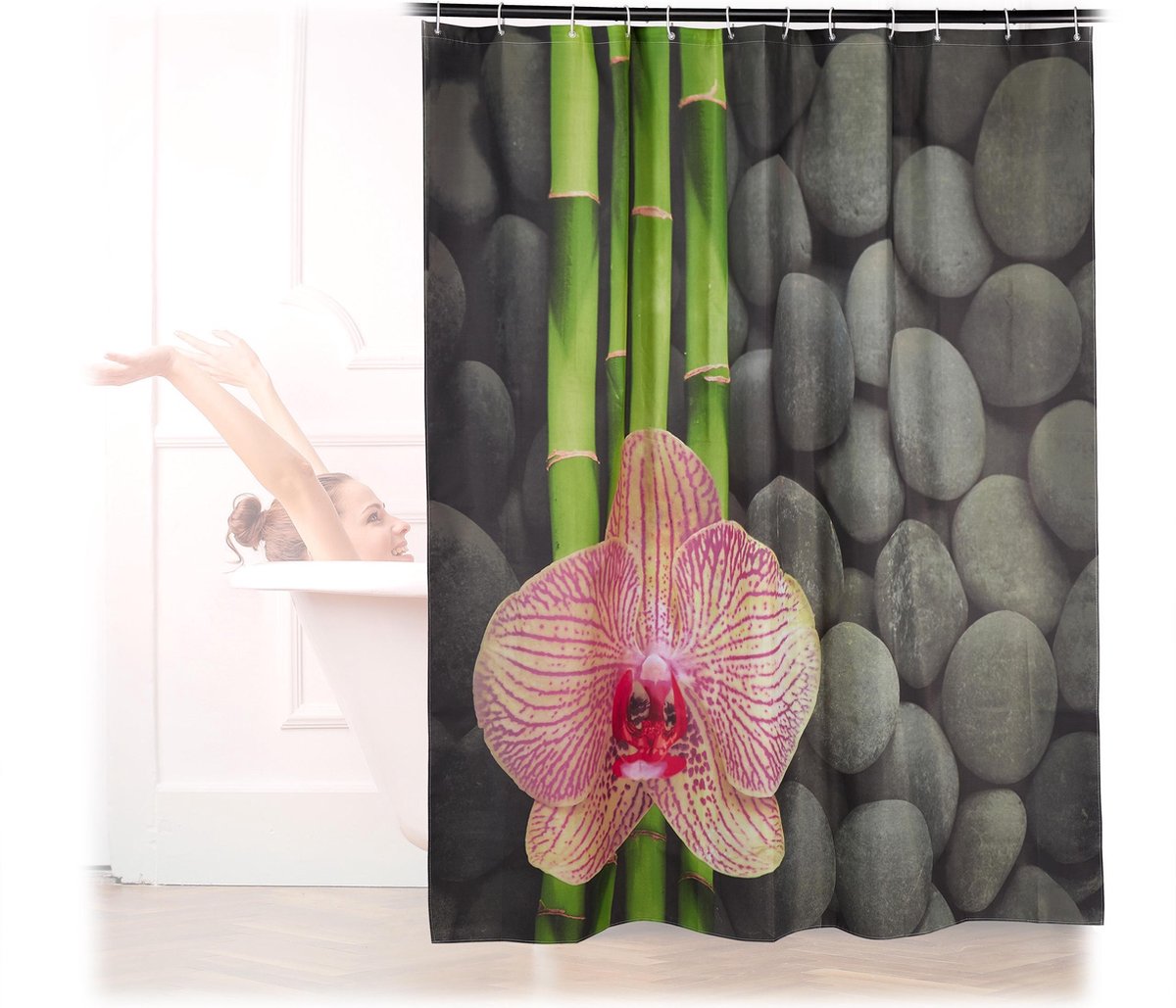 relaxdays douchegordijn 180x180 12 ringen met print orchidee
