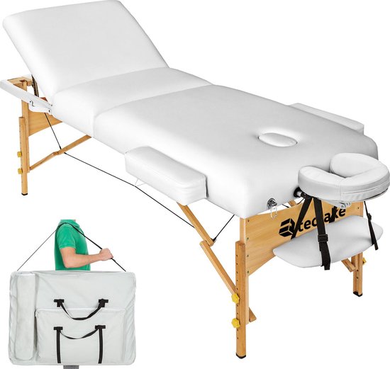 tectake® - Massagetafel met matras van 10 cm hoog + draagtas wit - 3-zones - behandeltafel – behandelbank – incl. opbergtas – opvouwbaar