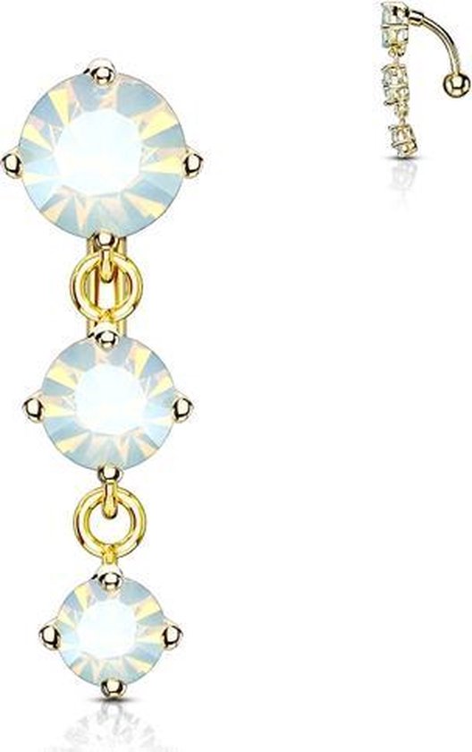 Navelpiercing 3 verticale balletjes opalite hanger gold plated