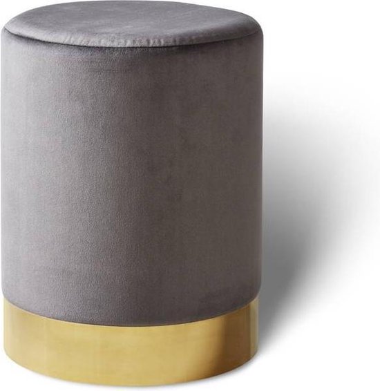 LIFA LIVING Poef Belle - Donkergrijs & Goud - Zitbank - Modern - Rond - Velvet & Metaal - ⌀ 30 x 38 cm