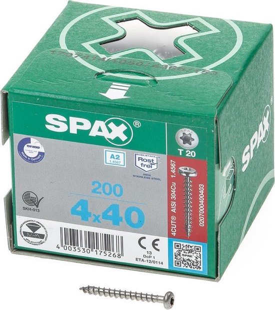 Foto: Spax spaanplaatschroef cilinderkop rvs t star t20 4 0x40mm per 200 stuks 